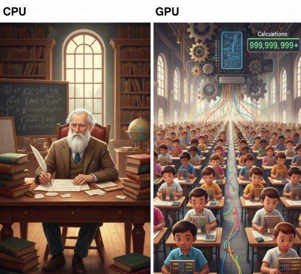 CPU와 GPU 차이 (인공지능 생성 이미지)
