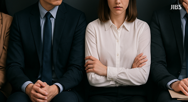 사무실 한켠, 말하지 못한 표정들. 직장 내 젠더폭력의 침묵을 상징적으로 표현한 편집 이미지.