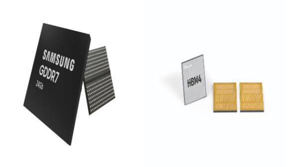왼쪽부터 삼성전자 24Gb GDDR7 D램 제품 이미지와 SK하이닉의 HBM4. 삼성전자·SK하이닉스