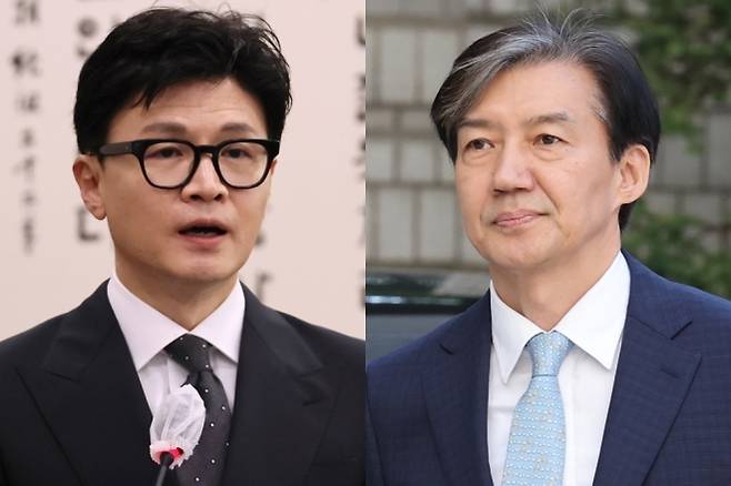 한동훈 법무부 장관, 조국 전 법무부 장관. 연합뉴스