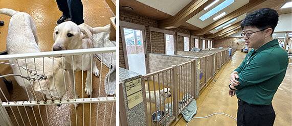 안내견학교 견사 내부. 짖는 강아지가 없었다. 오른쪽은 박태진 교장. 용인=허문명 기자
