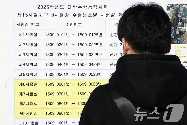 2026학년도 대학수학능력시험 예비소집일인 12일 오후 서울시 종로구 계동 중앙고등학교에 마련된 서울특별시 제15시험지구 9시험장을 찾은 응시생이 수험번호별 시험실 안내문과 배치도를 살펴보고 있다. 2025.11.12/뉴스1 ⓒ News1 박정호 기자