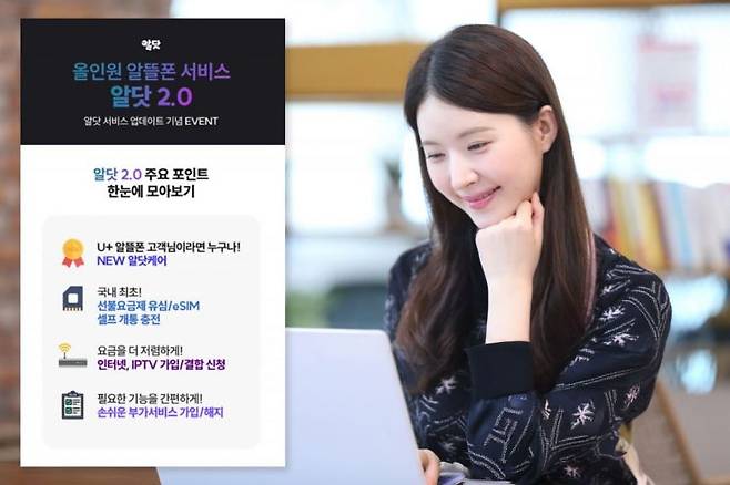 LG유플러스가 올인원 알뜰폰 서비스 ‘알닷’의 기능을 개편한 ‘알닷 2.0’을 선보인다고 12일 밝혔다. 사진은 모델이 새롭게 개편한 알닷 2.0을 소개하고 있는 모습. 사진제공=LG유플러스