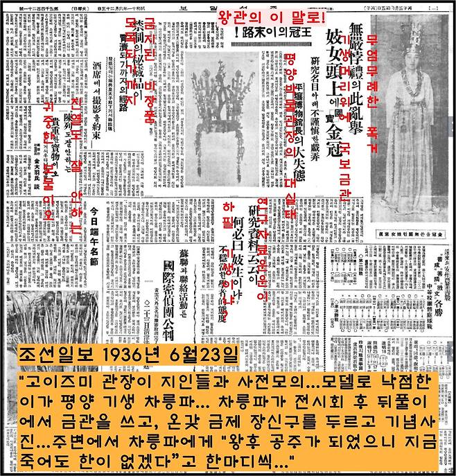 ‘기생금관’이 된 기막힌 사연을 전한 조선일보 1936년 6월23일자. 당시 고이즈미 평양박물관장이 술자리에서 평양의 이름난 기생이던 차릉파에게 금관을 씌우고 온갖 장신구로 치장시킨 뒤 사진을 찍은 사건의 전모를 대대적으로 보도했다.