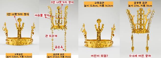 현전하는 금관 6점 중 교동금관은 유일하게 국보도, 보물도 아닌 비지정 문화유산이다. 그러나 6점 중 가장 먼저 제작된 금관이라는 점에서 허투루 볼 수 없다. 다른 금관과 달리 곱은옥도, 사슴뿔 모양 세움 장식도, 관 드리개도 없다. 무늬도 없죠. 나뭇가지 장식도 1단이다.|국립경주박물관 제공