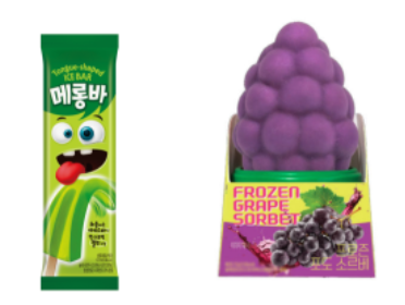 국내 편의점과 무인 아이스크림 가게 등에서 판매 중인 중국산 아이스크림. 왼쪽부터 메롱바, 프로즌 소르베 포도맛