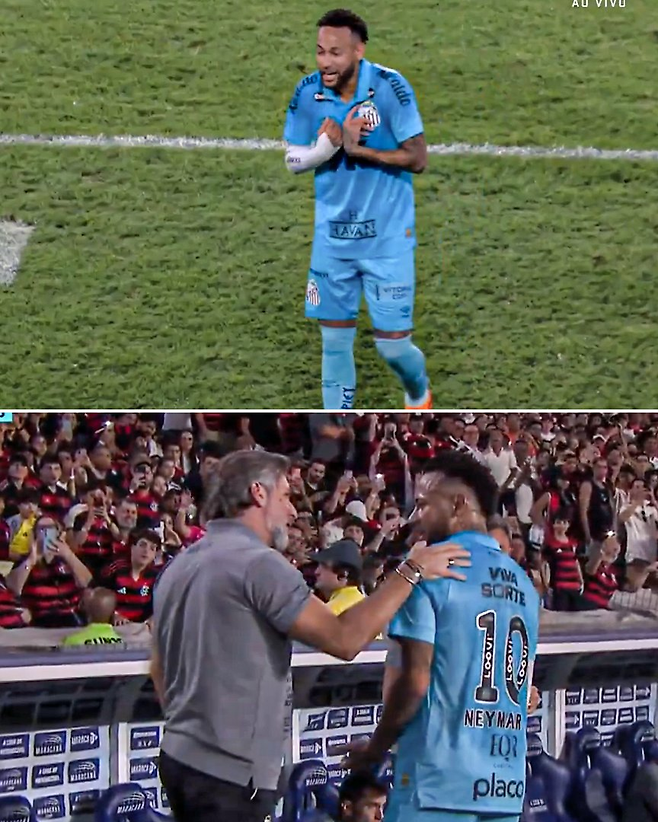 네이마르가 10일 플라멩구전에서 교체되자 불만을 나타내고 있다. ESPN SNS