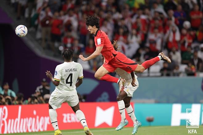 지난 2022 카타르 월드컵 가나전에서 헤더골을 터뜨리고 있는 조규성. /사진=대한축구협회 제공