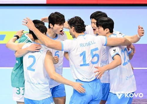 득점 후 기뻐하는 대한항공 선수들 [한국배구연맹 제공. 재판매 및 DB 금지]