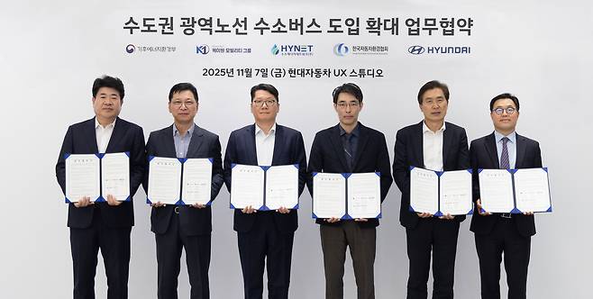 Officials from Hyundai Motor Group, K1, the Ministry of Climate, Energy and Environment, and the Korea Automobile Environmental Association hold a certificate of partnership to expand hydrogen bus adoption for public transportation in Seoul and the surrounding Gyeonggi Province, on Nov. 7. (Hyundai Motor Group)