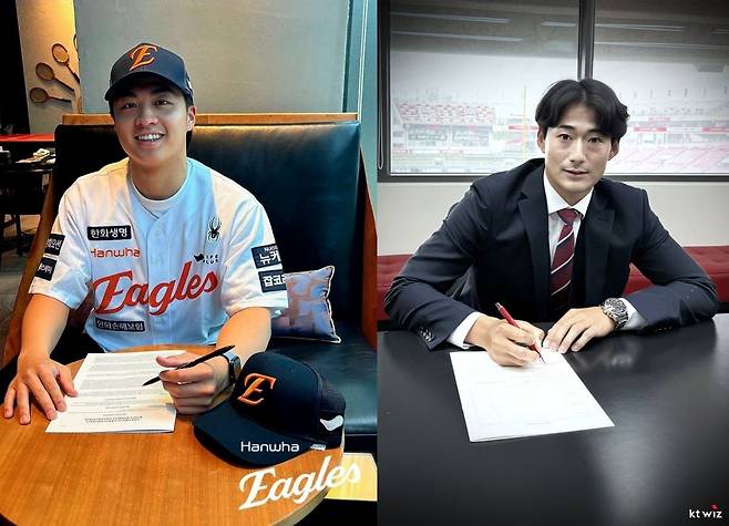 대만 출신 투수 왕옌청(왼쪽)이 13일 한화 이글스와 아시아쿼터 선수 계약을 체결한 뒤 밝게 웃고 있다. 오른쪽은 KT 위즈가 아시아쿼터 선수로 영입한 일본 투수 스기모토 코우키. 각 구단 제공