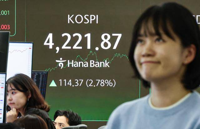 코스피가 장중 4,200선을 돌파하는 등 사상 최고치를 경신한 지난 3일 서울 중구 하나은행 본점 딜링룸 전광판에 종가가 표시되고 있다. 뉴스1