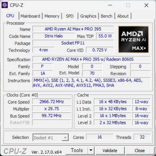 CPU-Z 소프트웨어로 살펴본 AMD 라이젠 AI 맥스+ 프로 395 프로세서의 구성 / 출처=IT동아