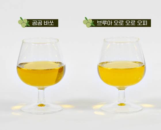 고급형 올리브유(오른쪽)의 색깔이 보급형 저가 올리브유에 비해 더 묽게 보였고 더 노란빛을 띠는 것처럼 보인다. 그래픽 박지은