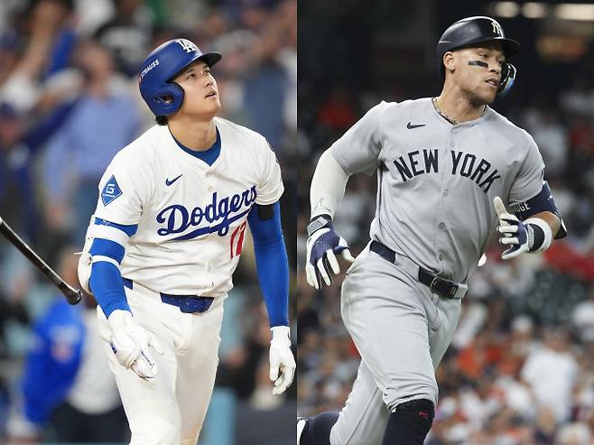 LA다저스 오타니 쇼헤이와 뉴욕 양키스 애런 저지가 MVP에 이어 행크 에런상도 수상했다. 사진은 다저스에서 활약 중인 오타니와 양키스에서 활약 중인 저지(왼쪽). /사진=로이터