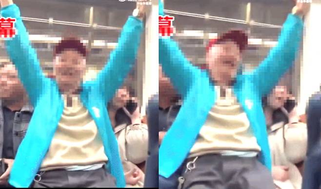 중국 상하이 지하철에서 한 노인이 젊은 여성 승객의 무릎에 앉아 있다. [더우인]