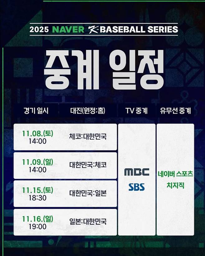 2025 케이 K 베이스볼 시리즈, 야구 경기 중계 : 한국 일본 야구대표팀 평가전, 한일전, 명단 (일본전 경기 일정 15일~16일)치지직 MBC SBS 중계 ©KBO