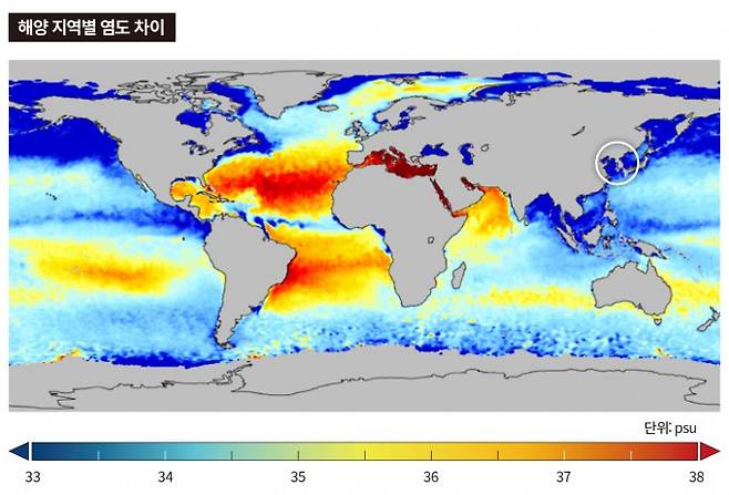 2025년 1월 기준 전 세계 해수면의 염도를 나타내는 지도. 세계 해수 평균 염도는 35psu로, 35psu는 해수 1kg 속에 염류가 35g 녹아 있다는 뜻이다. 한반도 인근 해양은 31~32psu로 세계 평균보다 낮은 염도를 보인다. ASA Salinity 제공
