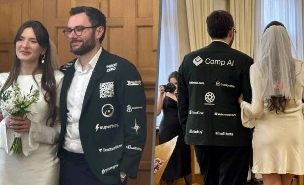 프랑스의 한 남성이 결혼식 비용을 마련하기 위해 결혼 예복에 광고판을 부착하는 기발한 시도로 화제에 올랐다. 〈사진=X 캡처〉