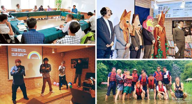 성프란시스 대학 인문학 과정 동문들이 함께 통과한 20년의 기록. 글쓰기 수업, ‘복면시왕’(복면을 쓰고 시를 낭송하는 대회), 여름 수련회, 문예발표회. 왼쪽 위부터 시계방향. 성프란시스대학 제공