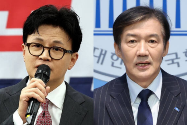 왼쪽부터 한동훈 전 국민의힘 대표, 조국 조국혁신당 전 비상대책위원장. 연합뉴스