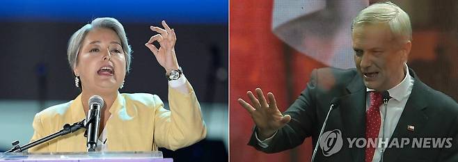 칠레 대선에 출마한 히아에트 하라 후보(왼쪽)와 호세 안토니오 카스트 후보 [AFP 연합뉴스 자료사진. 재판매 및 DB 금지]