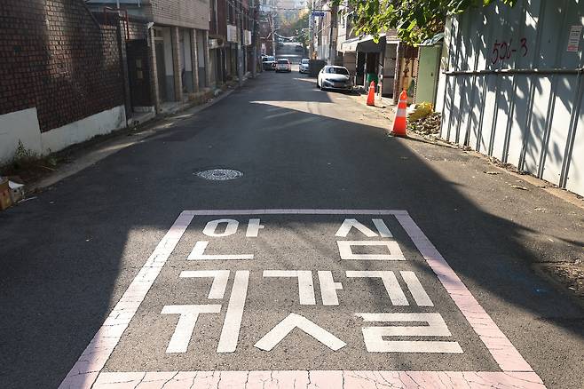 '빈집 골목에 그려진 안심 귀갓길 문구'  (대구=연합뉴스) 박세진 기자 = 지난 14일 대구 동구 효목2동 화랑로 17·19길 일대 민영 개발 구역 골목 양옆으로 빈집들이 남겨져 있다. 2025.11.14 psjpsj@yna.co.kr