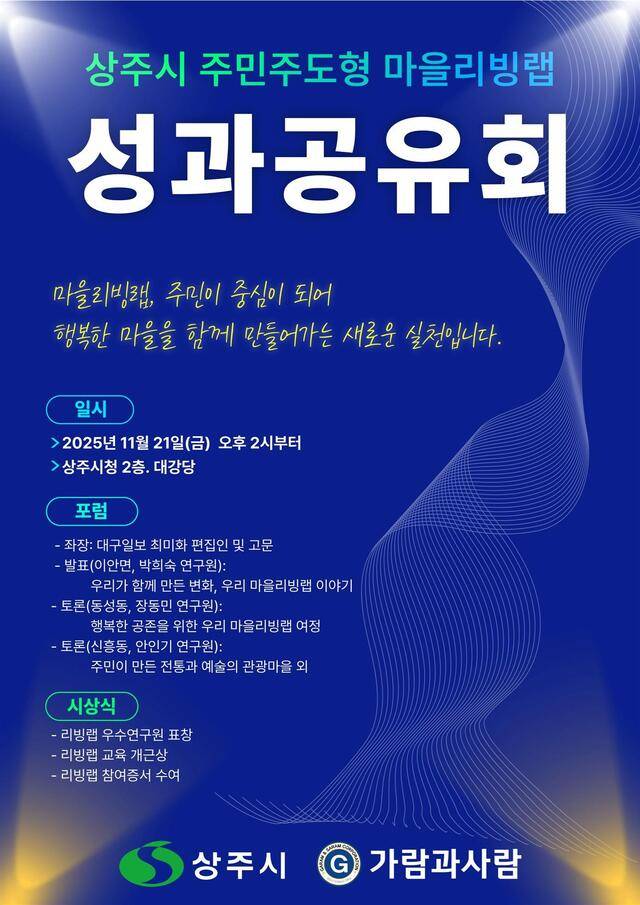 상주시 주민주도형 마을리빙랩 성과공유회는 오는 21일 오후 2시 상주시청 대강당에서 열린다. '주민이 중심이 되어 행복한 마을을 함께 만들어가는 새로운 실천'이라는 주제를 강조하고 있다.