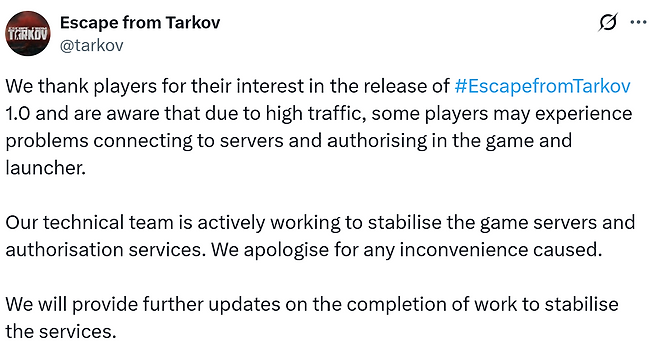 ▲ 접속 장애에 대해 양해를 구하는 BSG 공식 X