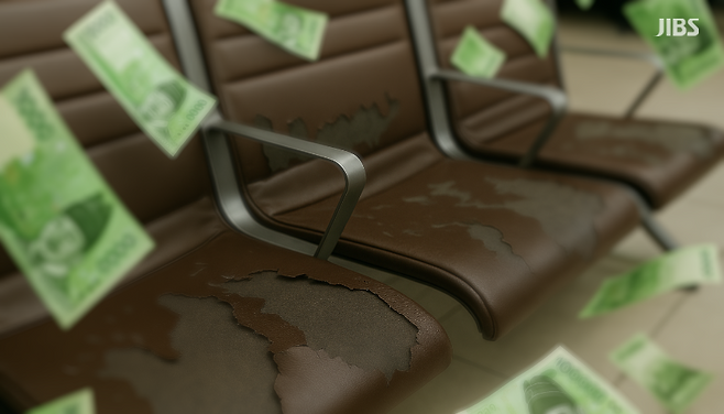 훼손된 제주공항 대합실 좌석. 수익 중심 운영의 빈틈을 상징적으로 담은 편집 이미지.