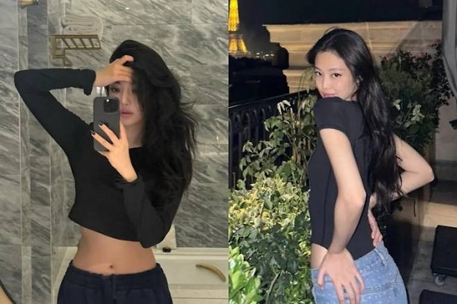 스킴스 제품을 착용한 에스파 닝닝(왼쪽)과 블랙핑크 제니의 모습. 인스타그램 캡처