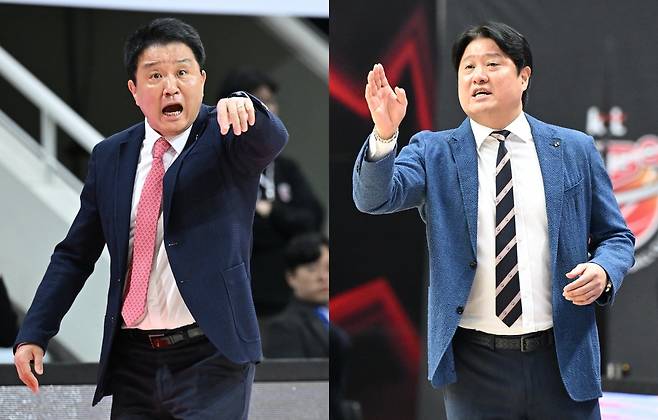 프로농구 안양 정관장의 유도훈(사진 왼쪽) 감독과 수원 kt의 문경은 감독.