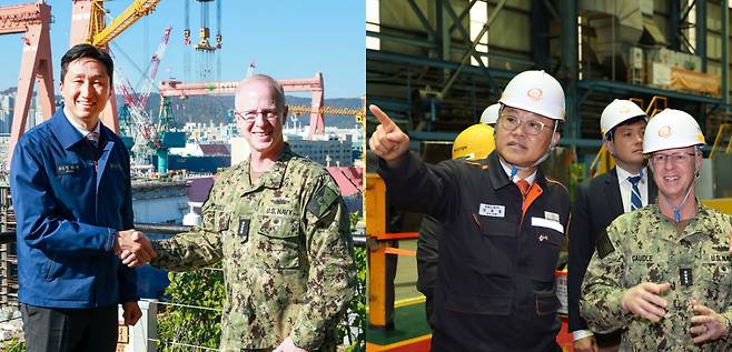 정기선 HD현대 회장(왼쪽 사진 왼쪽)이 15일 울산 HD현대중공업 조선소를 방문한 대릴 커들 미국 해군참모총장(오른쪽)과 기념촬영을 하고 있다. 커들 총장은 같은 날 한화오션 거제사업장을 찾아 김희철 대표(오른쪽 사진 왼쪽)의 안내를 받아 유지·보수·정비(MRO) 중인 미 해군 보급함 ‘찰스드루함’ 등을 둘러봤다. HD현대·한화오션 제공