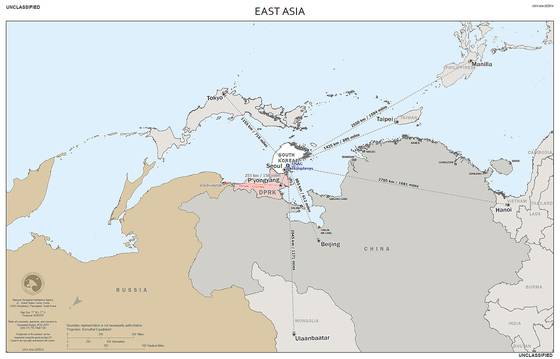 동쪽이 위인 지도는 한반도를 가운데 놓고, 남북을 180도 뒤집은 동아시아 지도를 말한다. 주한미군은 올해 초부터 브런스 사령관의 지시에 따라 내부 교육용으로 이 지도를 사용해왔다. 사진 주한미군