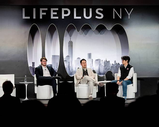 Panelists speak during the ″Lifeplus NY 2025″ event held at The Glasshouse in New York City on Nov. 14. [HANWHA GROUP]