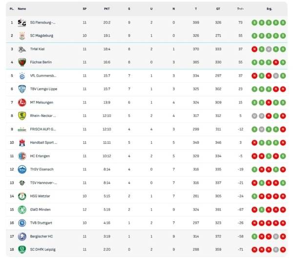 사진 2025/26 시즌 DAIKIN 남자 핸드볼 분데스리가 11라운드 순위, 사진 출처=분데스리가