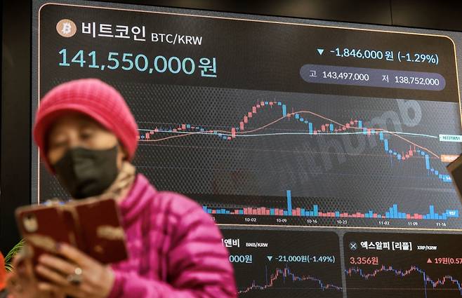 [서울=뉴시스] 정병혁 기자 = 17일 서울 강남구 빗썸라운지에 설치된 전광판에 비트코인 시세가 나오고있다.  비트코인이 14일 오전 한 때 9만4000달러 아래로 떨어지며 올초 가격으로 돌아갔다. 시장의 투자심리는 '극단적 공포'를 나타내고 있다. 비트코인은 친(親) 가상자산 기조를 보인 도널드 트럼프 대통령 취임 후 30% 이상 급등한 바 있다. 지난달 초에는 12만6250달러를 넘어서며 역대 최고기록을 세웠지만, 하락세로 돌아서며 올해 상승분을 모두 반납했다. 2025.11.17.