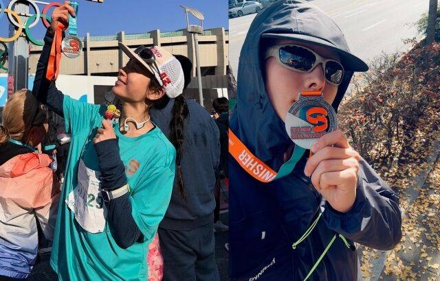 배우 안은진(왼쪽)과 장기용이 각각 마라톤 완주 인증샷을 남겼다. / 안은진 및 장기용 인스타그램