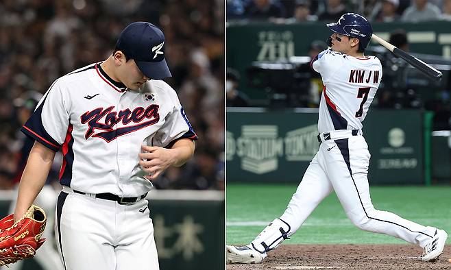 류지현 감독이 이끄는 한국 야구 대표팀이 지난 15, 16일 일본 도쿄돔에서 열린 K-베이스볼 시리즈 일본과의 2연전을 1무1패로 마무리했다. 젊은 타자들의 국제 경쟁력을 확인한 건 희망적 요소였지만, 젊은 투수들의 제구력 난조는 숙제로 남았다. 왼쪽 사진은 16일 열린 2차전 4회 밀어내기 볼넷으로 실점을 허용한 뒤 병살타로 이닝을 마무리짓고 마운드를 내려오는 조병현, 오른쪽 사진은 2차전 9회말 2아웃에서 동점 솔로포를 터뜨리는 김주원. 도쿄=연합뉴스, 뉴스1