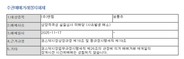 기업공시채널 ‘카인드(KIND)’에 이달 14일 올라온 엔켐의 ‘주권매매거래정지해제’ 공시 캡처.