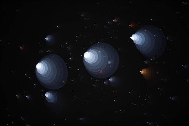 삼태성(Orion belt)#01, 2024, 원주 거돈사지. 장노출과 조리개를 여러번 조정해서 보케(초점을 흐리게 해서 광원의 둥근 부분이 퍼지는 현상)를 겹치게 해서 만들었다.. / 사진가 주기중