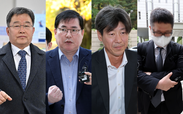 대장동 개발 비리 사건 관련 피고인인 화천대유 대주주 김만배(왼쪽부터)씨, 유동규 전 성남도시개발공사 기획본부장, 남욱 변호사, 정영학 회계사. 정다빈 기자·연합뉴스