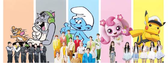 A composite image showing collaborations between K-pop artists and animated franchises [JOONGANG ILBO]