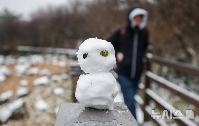 [제주=뉴시스] 우장호 기자 = 올 가을 들어 가장 추운 날씨를 보인 18일 오전 외국인 관광객들이 첫 눈이 쌓인 제주 한라산 1100고지 습지를 감상하고 있다. 2025.11.18. woo1223@newsis.com