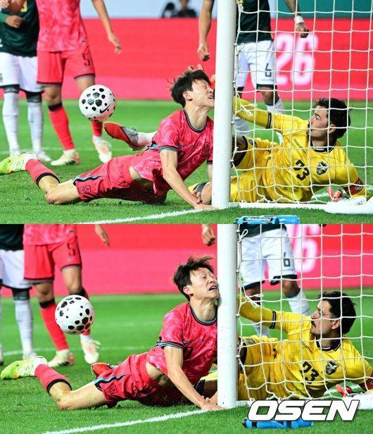 [OSEN=대전, 최규한 기자] 14일 오후 대전월드컵경기장에서 대한민국과 볼리비아의 축구 국가대표팀 평가전이 열렸다.홍명보호는 내년 6월 열리는 2026 국제축구협회(FIFA) 북중미월드컵을 앞두고 월드컵 남미 예선에서 7위를 거두며 플레이오프에 진출한&nbsp;볼리비아를 상대로 본선에서의 경쟁력을 시험할 기회를 갖는다.전반 한국 이재성이 헤더슛을 시도하다 골대에 부딪치고 있다. 2025.11.14 / dreamer@osen.co.kr