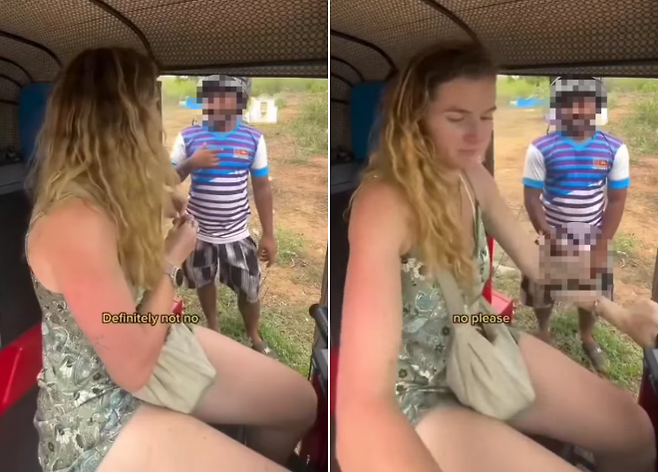 혼자서 스리랑카를 여행하던 외국인 여성을 쫓아온 현지 남성이 처음엔 웃는 낯으로 다가와 인사를 건네더니 이내 성관계를 요구하고(왼쪽), 여성이 단호히 거절하자 바지를 내려 음란행위(오른쪽)를 하고 있다(사진 일부 모자이크 처리함). 인스타그램 캡처