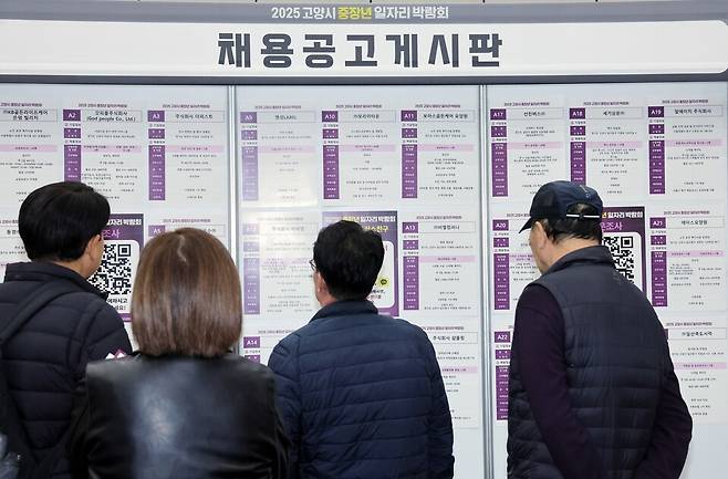 지난 6일 경기 고양시 킨텍스에서 열린 '2025 고양시 중장년 일자리 박람회'에서 구직자들이 채용공고 게시판을 보고 있다. ⓒ연합뉴스