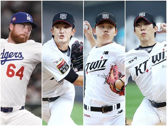 KT 외국인 투수 맷 사우어가 고영표, 소형준, 오원석(왼쪽부터)과 ‘선발 왕국’을 이끌지 관심이 집중된다. AP뉴시스·KT 위즈 제공
