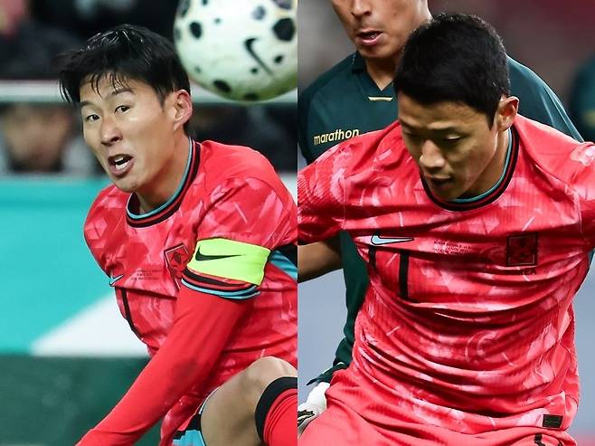 손흥민(왼쪽)과 황희찬이 18일 서울월드컵경기장에서 열린 가나와 홈 친선전에서 아쉬운 활약을 했다. 손흥민은 슛을 한 차례도 때리지 못했고, 황희찬은 페널티킥을 실축했다. 사진제공｜대한축구협회