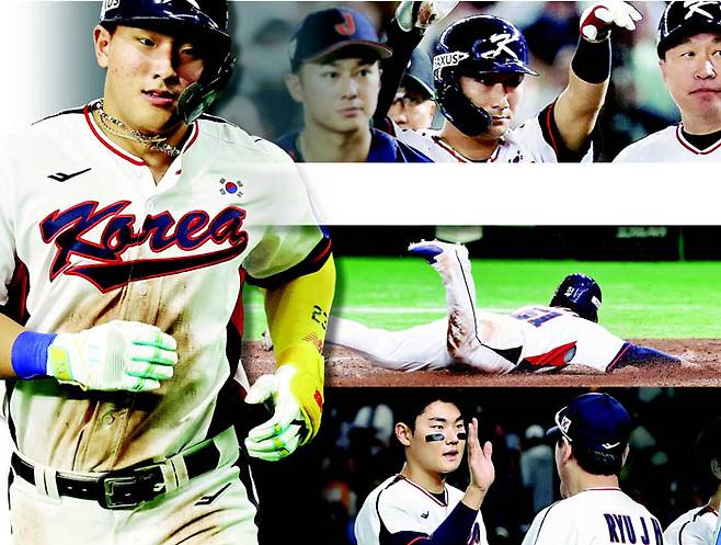 야구대표팀의 안현민(왼쪽)과 신민재, 문현빈, 김주원(오른쪽 위부터)이 지난 15~16일 일본 도쿄돔에서 열린 일본과 평가전에서 맹활약을 펼쳐 내년 3월 월드베이스볼클래식(WBC) 대표팀 합류를 위한 눈도장을 확실히 찍었다. 연합뉴스